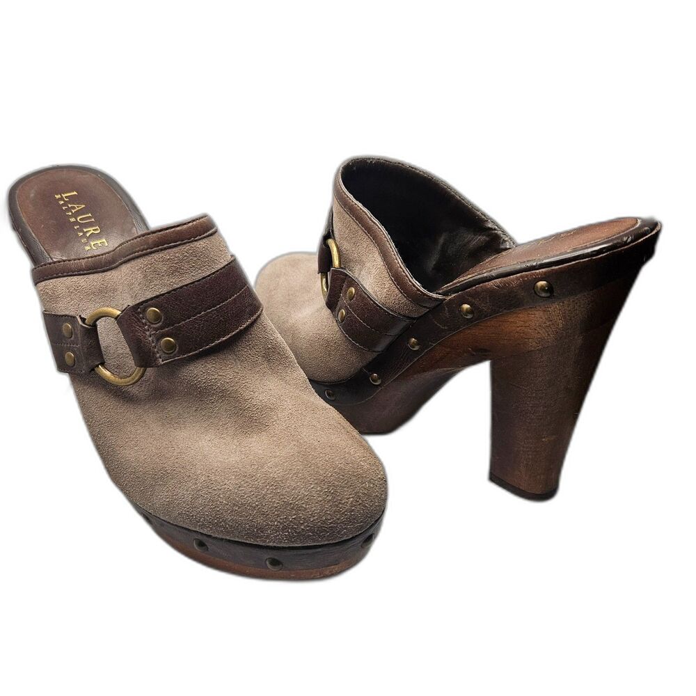 Lauren Ralph Lauren Suede Platform Mules with Wooden Stacked Heel Studded 8.5